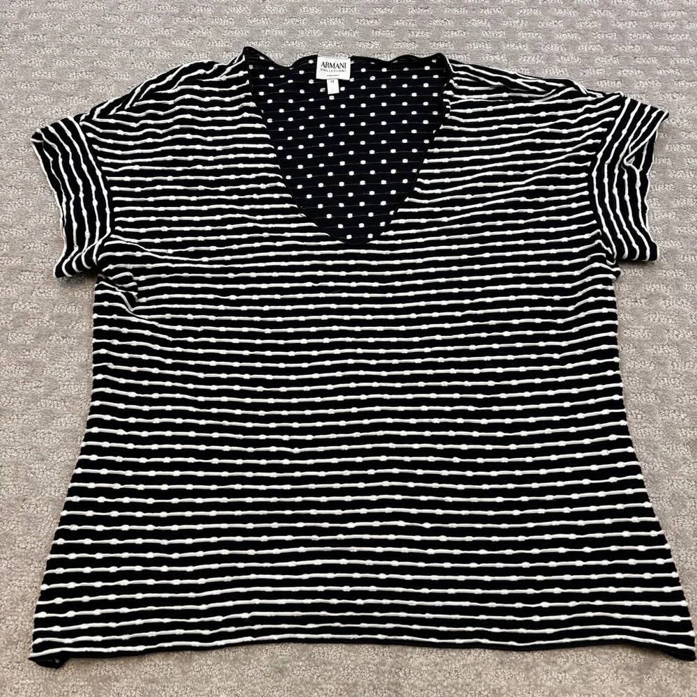 Armani Collezioni Shirt Women Size 12 Black White Stripes Short Sleeve Blouse - Picture 1 of 6